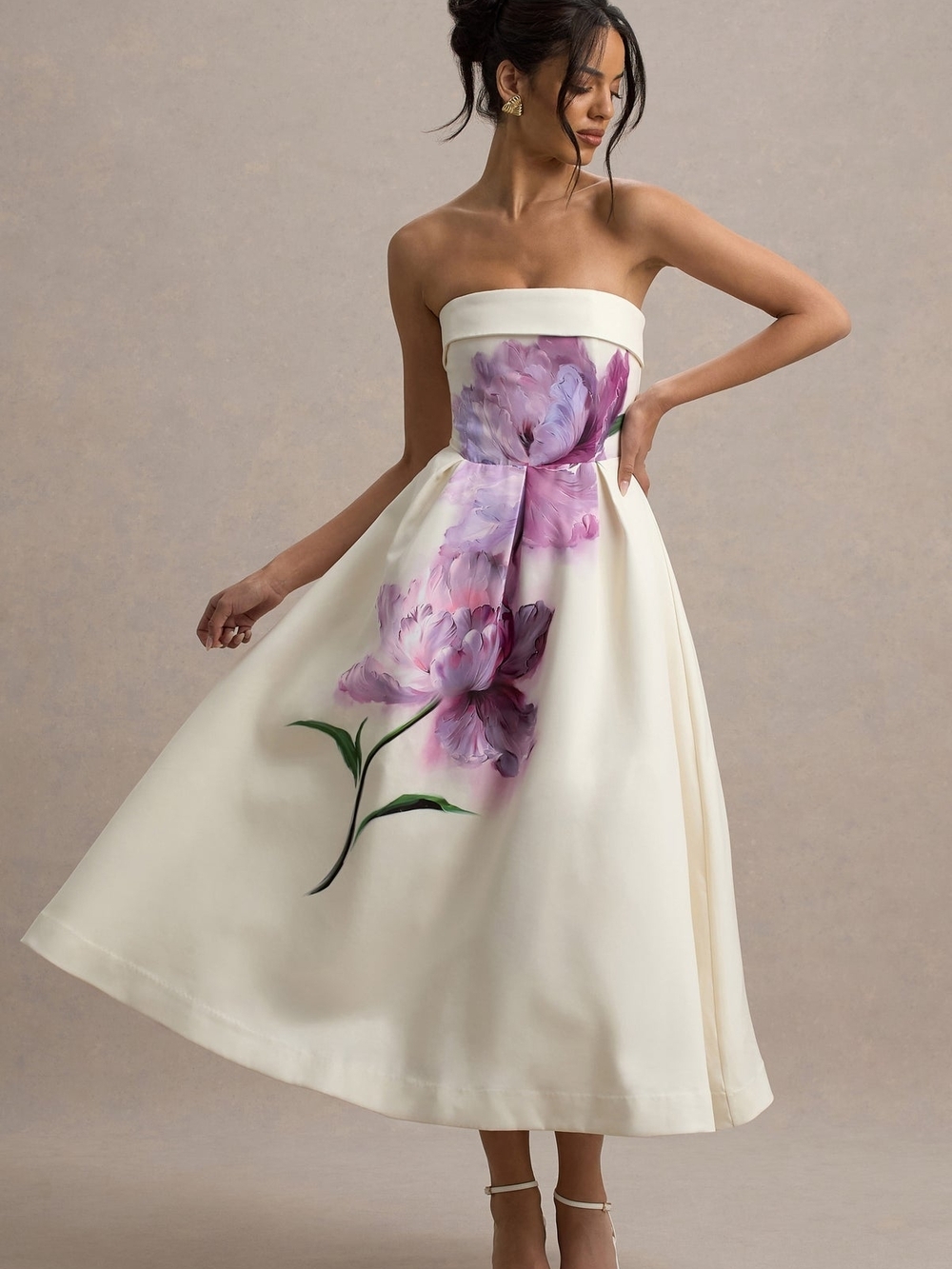 Club L London Strapless Ivory Midi Dress with Lavender Floral Accent